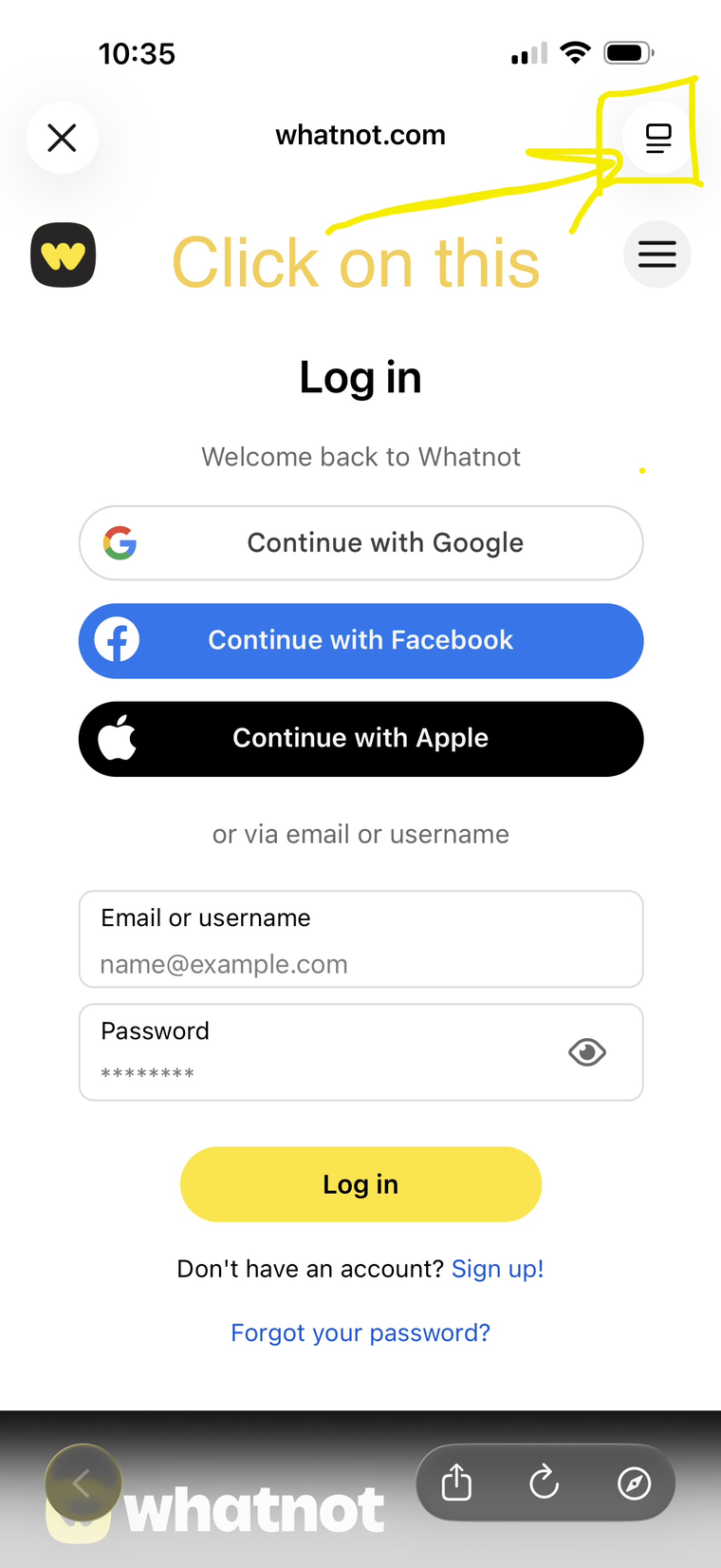 Whatnot mobile login page in Safari with the desktop/page-settings icon in the top right circled