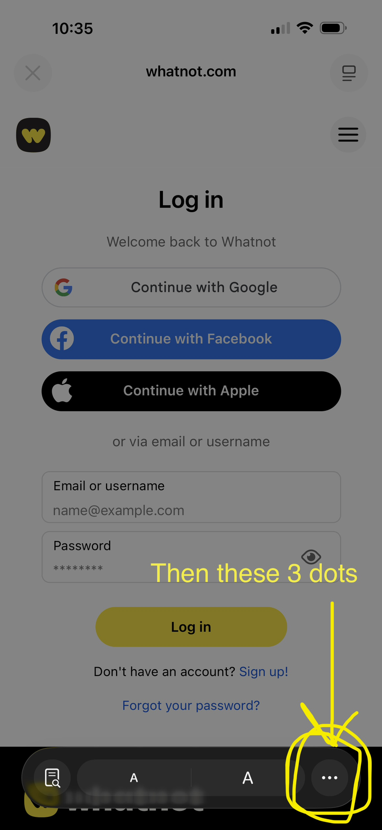 Safari browser toolbar with the three-dots More button circled at the bottom right