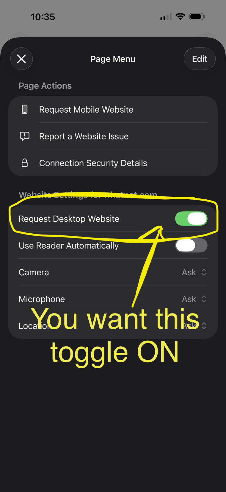 Safari Page Menu showing the Request Desktop Website toggle switched on