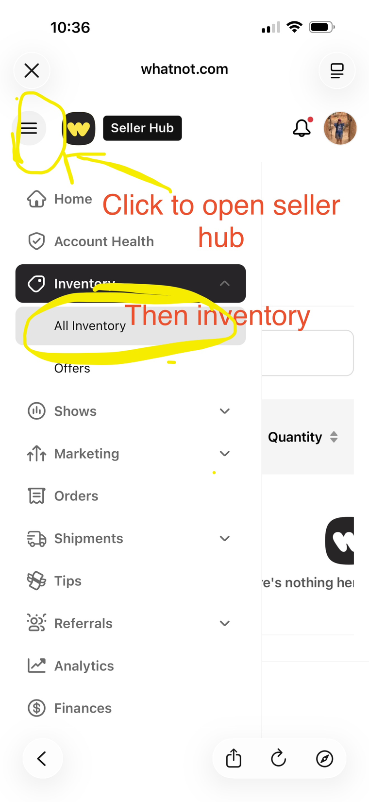 Whatnot Seller Hub menu open with Inventory then All Inventory highlighted