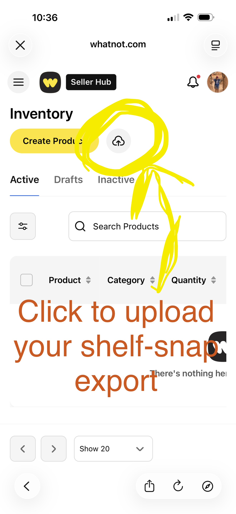 Whatnot Inventory page with the upload-cloud button next to Create Product circled