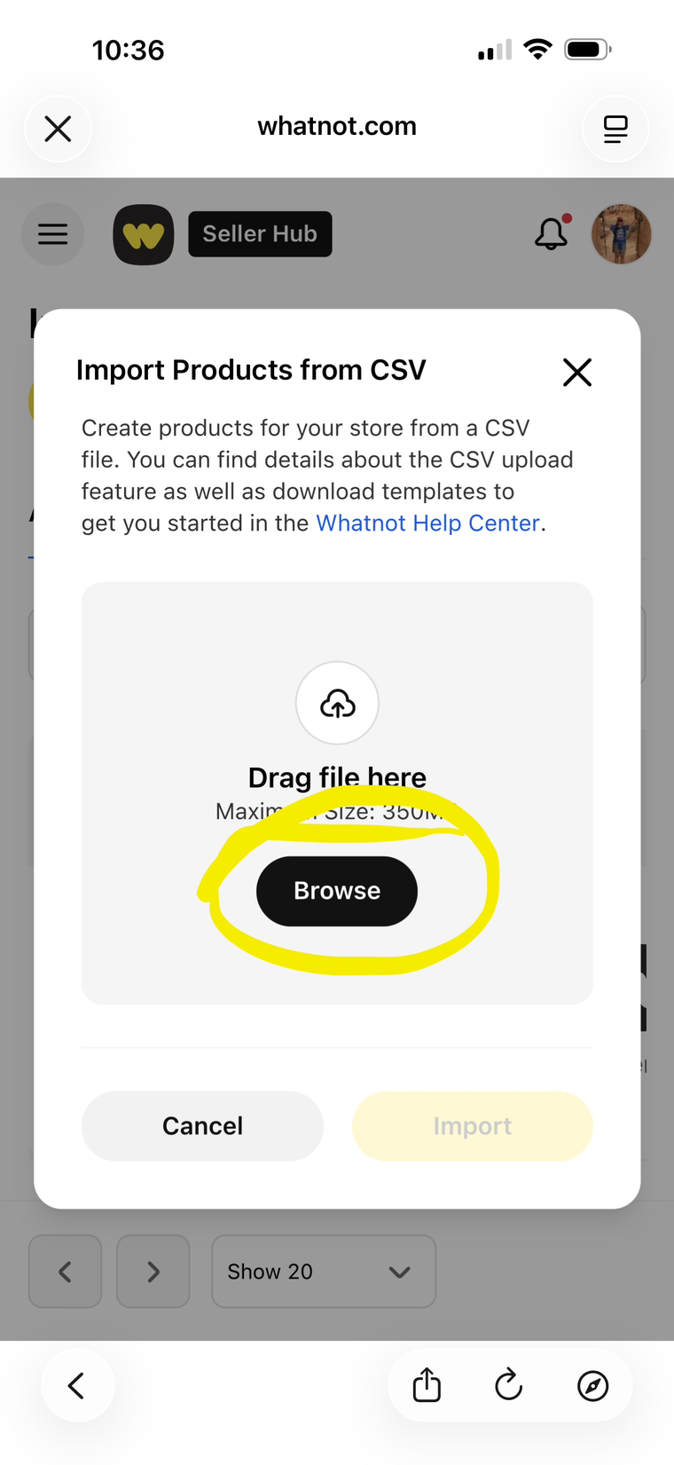 Whatnot Import Products from CSV dialog with the Browse button circled